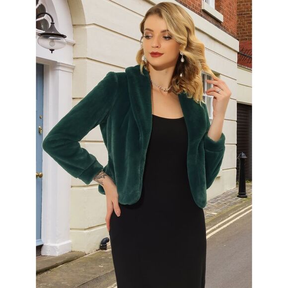 Winter Cropped Jacket Lapel Long Sleeve Faux Fur Fluffy Coat Green - Picture 3 of 5